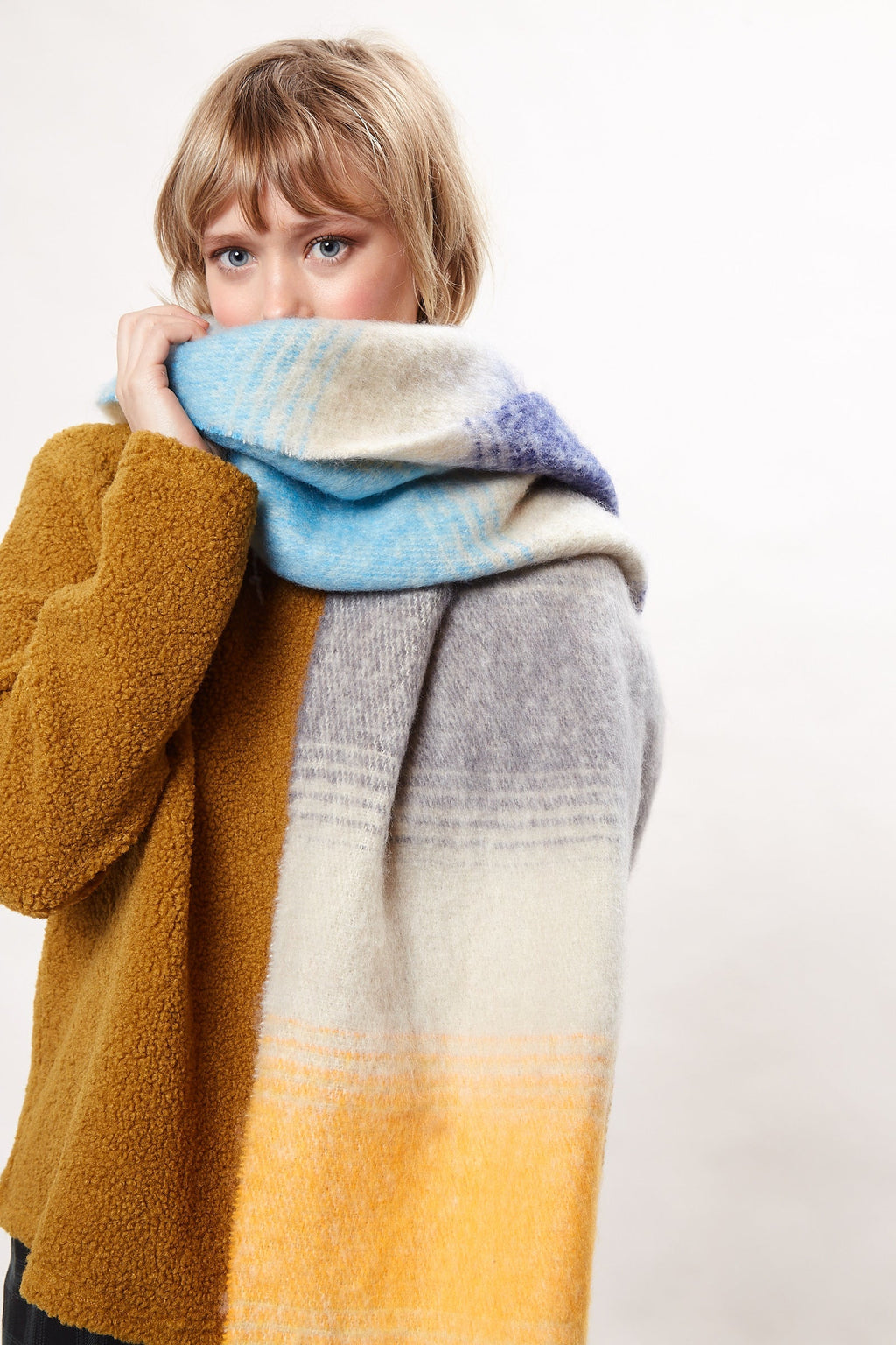 Louche Ciara Cosy Fluffy Striped Tassel Scarf - Beige scarves Beige Beige