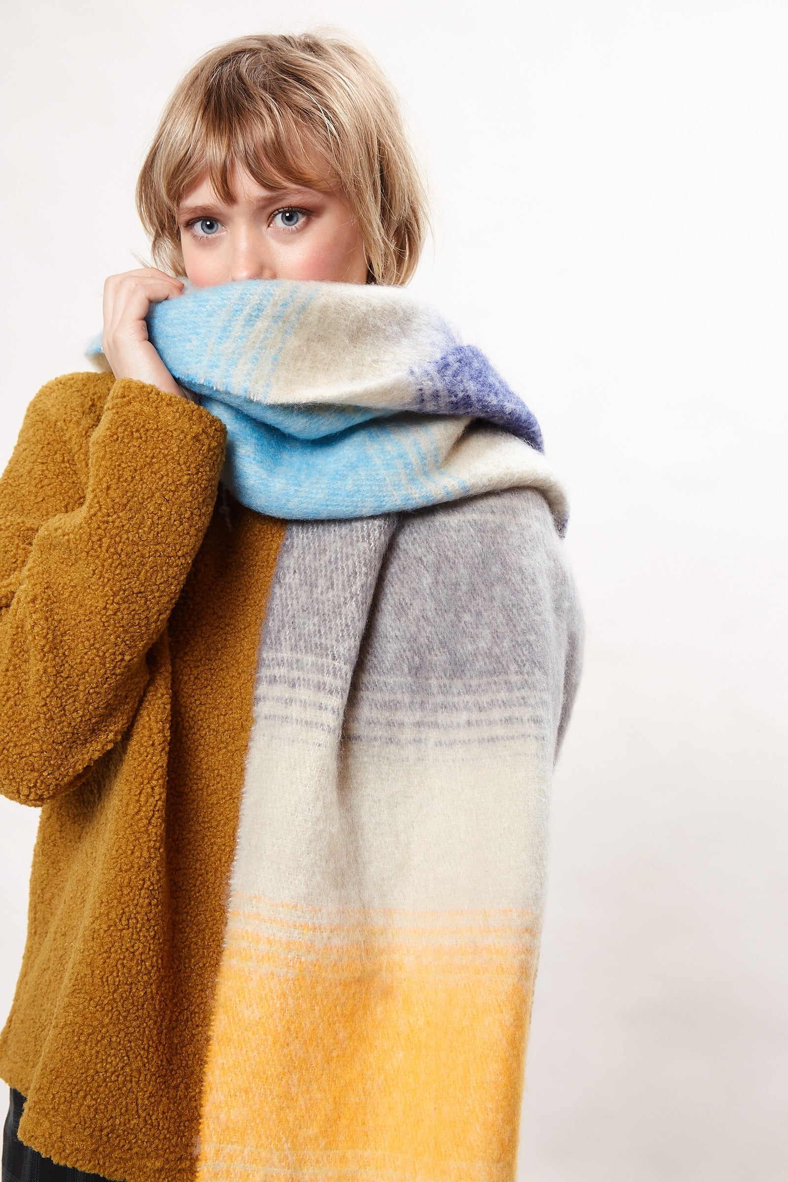 Louche Ciara Cosy Fluffy Striped Tassel Scarf - Beige scarves Beige Beige