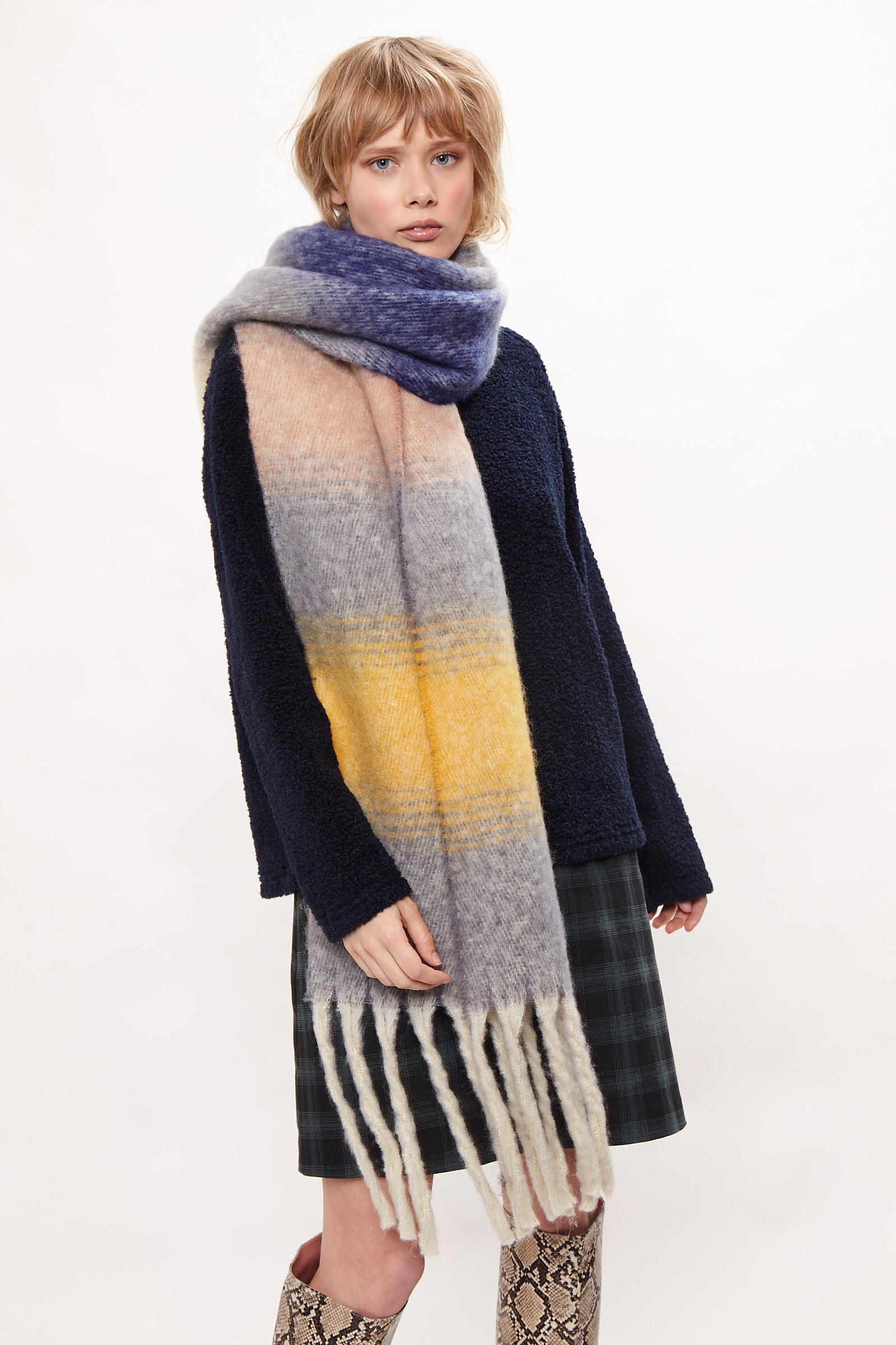 Louche Ciara Cosy Fluffy Striped Tassel Scarf - Grey scarves Grey Grey