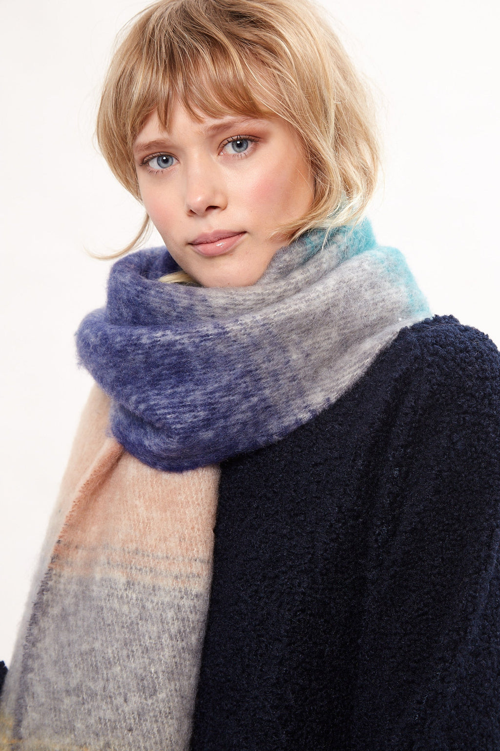 Louche Ciara Cosy Fluffy Striped Tassel Scarf - Grey scarves Grey Grey