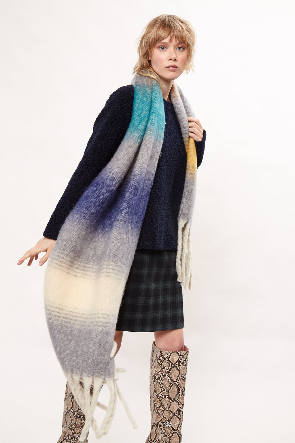 Louche Ciara Cosy Fluffy Striped Tassel Scarf - Grey scarves Grey Grey