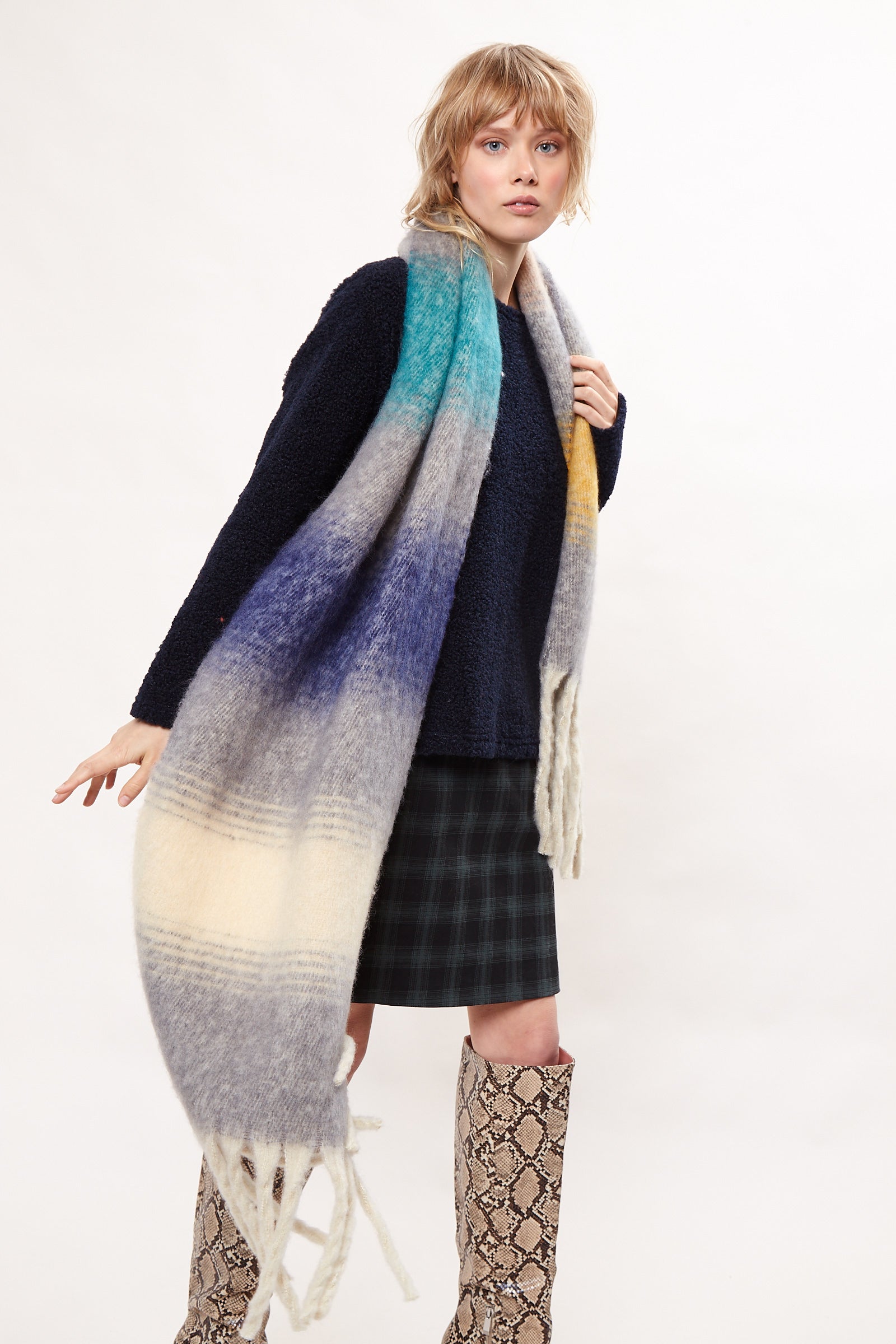Louche Ciara Cosy Fluffy Striped Tassel Scarf - Grey scarves Grey Grey
