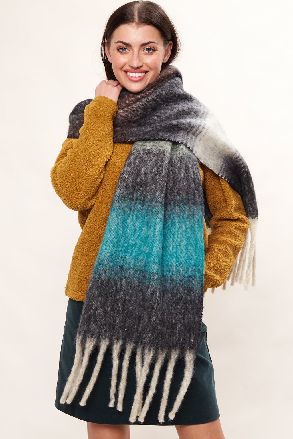 Louche Ciara Cosy Fluffy Striped Tassel Scarf - Navy scarves Navy/Off White/Turquoise Navy/Off White/Turquoise