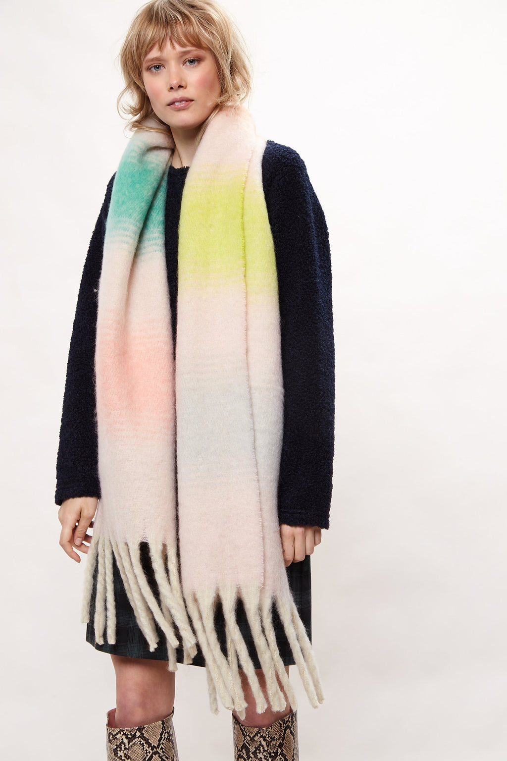 Louche Ciara Cosy Fluffy Striped Tassel Scarf - Pink scarves Pink Pink