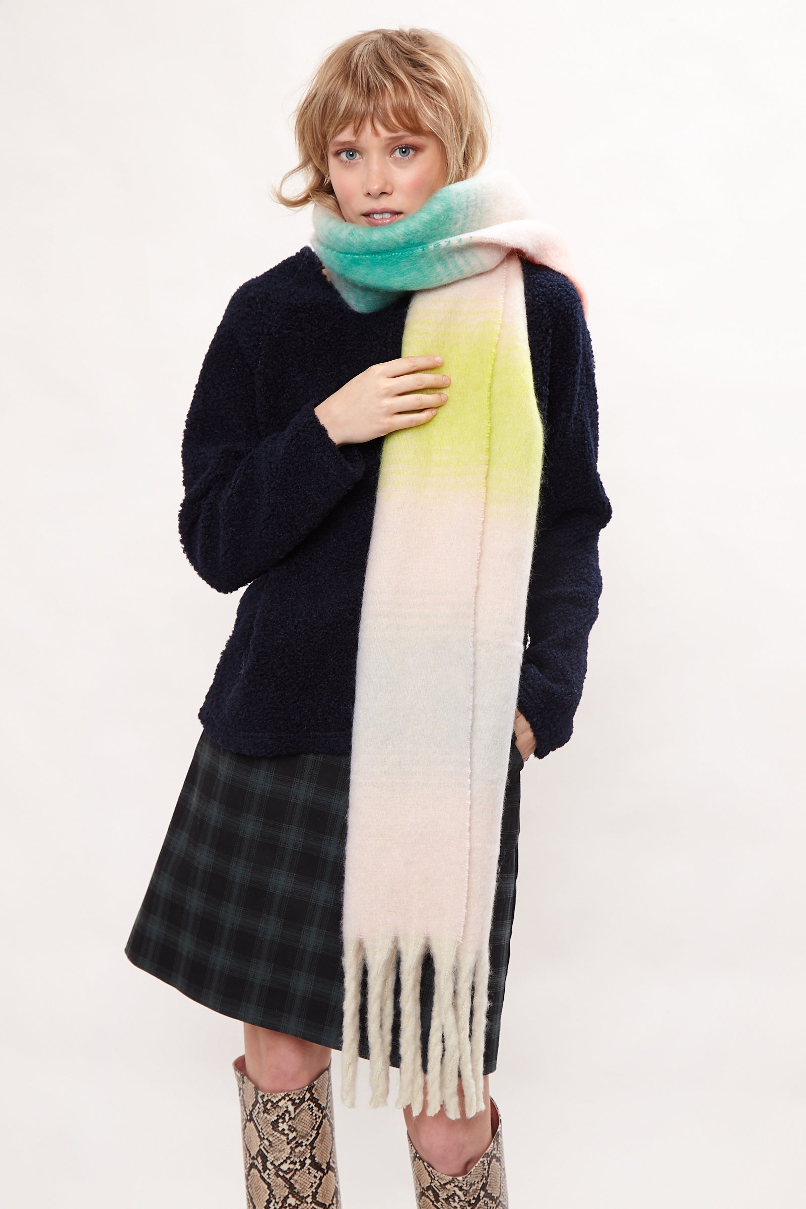 Louche Ciara Cosy Fluffy Striped Tassel Scarf - Pink scarves Pink Pink