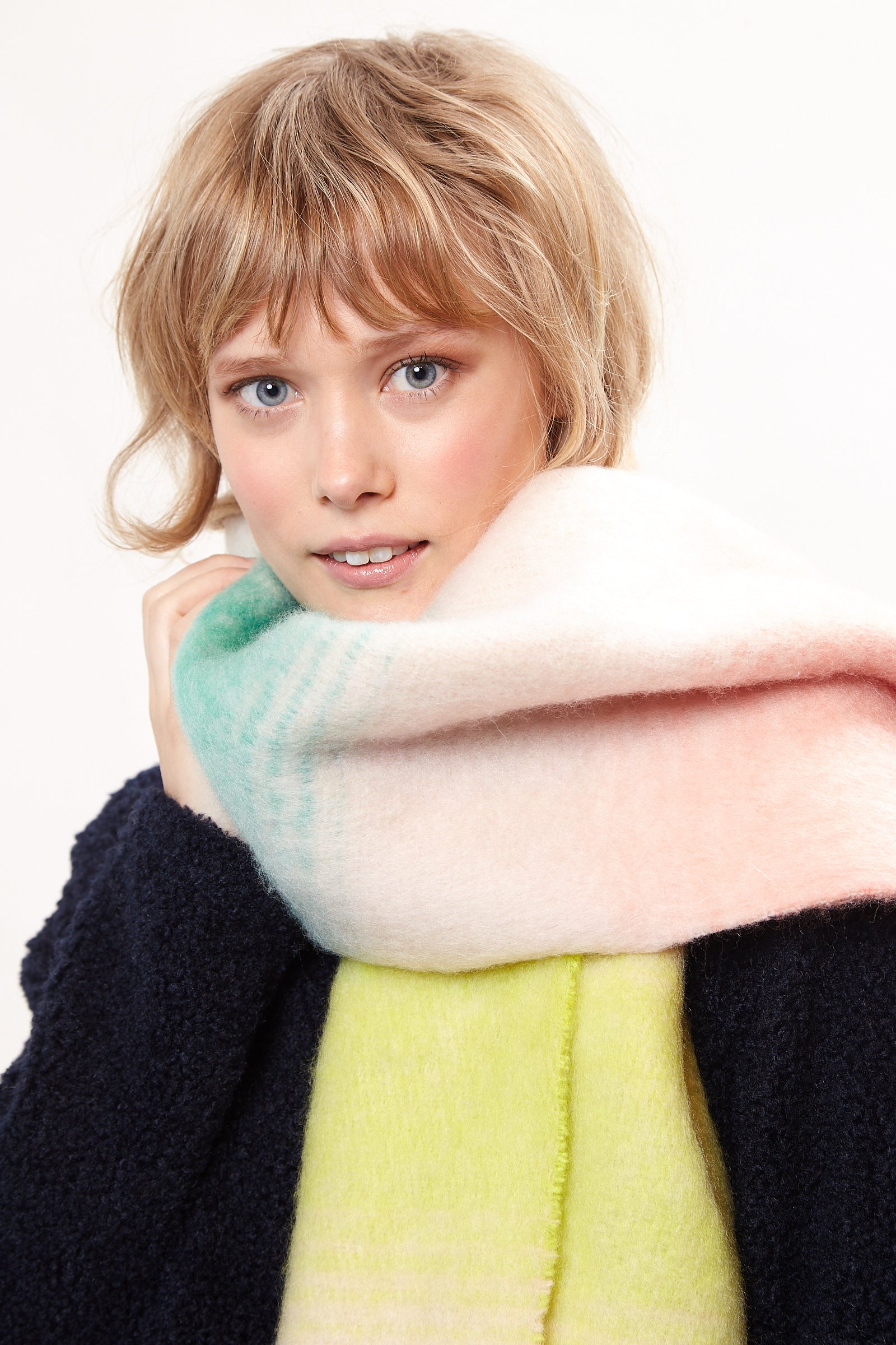 Louche Ciara Cosy Fluffy Striped Tassel Scarf - Pink scarves Pink Pink