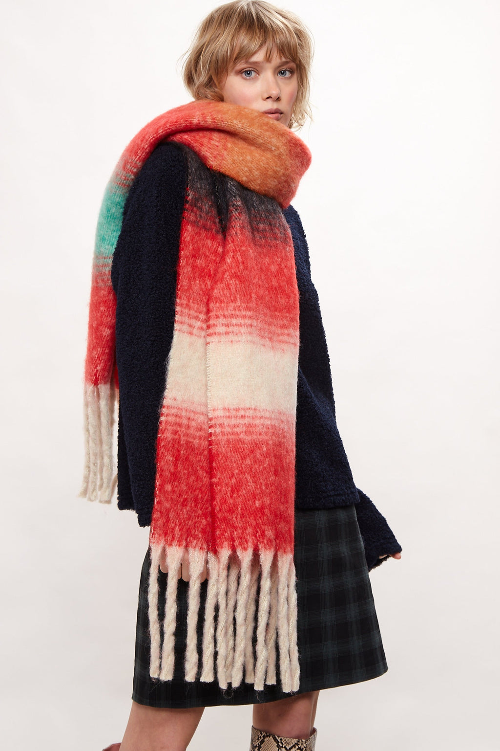 Louche Ciara Cosy Fluffy Striped Tassel Scarf - Red scarves Red Red