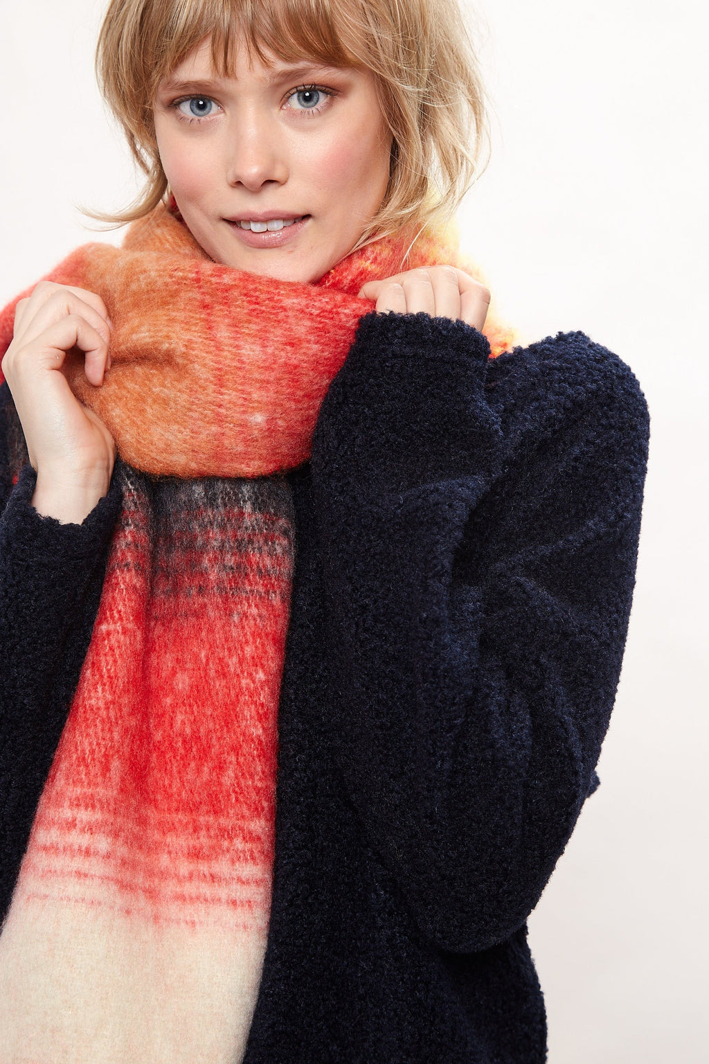 Louche Ciara Cosy Fluffy Striped Tassel Scarf - Red scarves Red Red