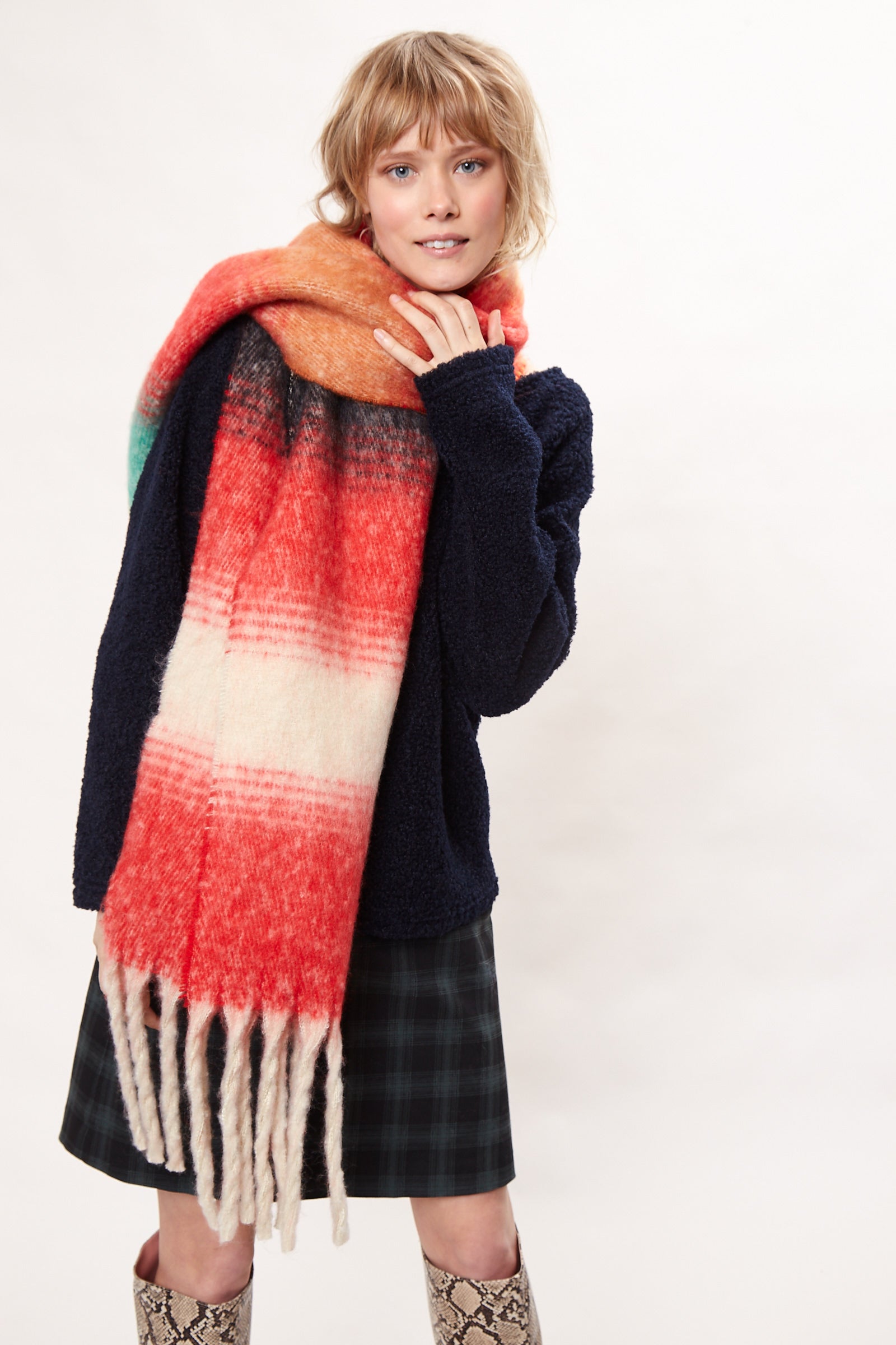 Louche Ciara Cosy Fluffy Striped Tassel Scarf - Red scarves Red Red