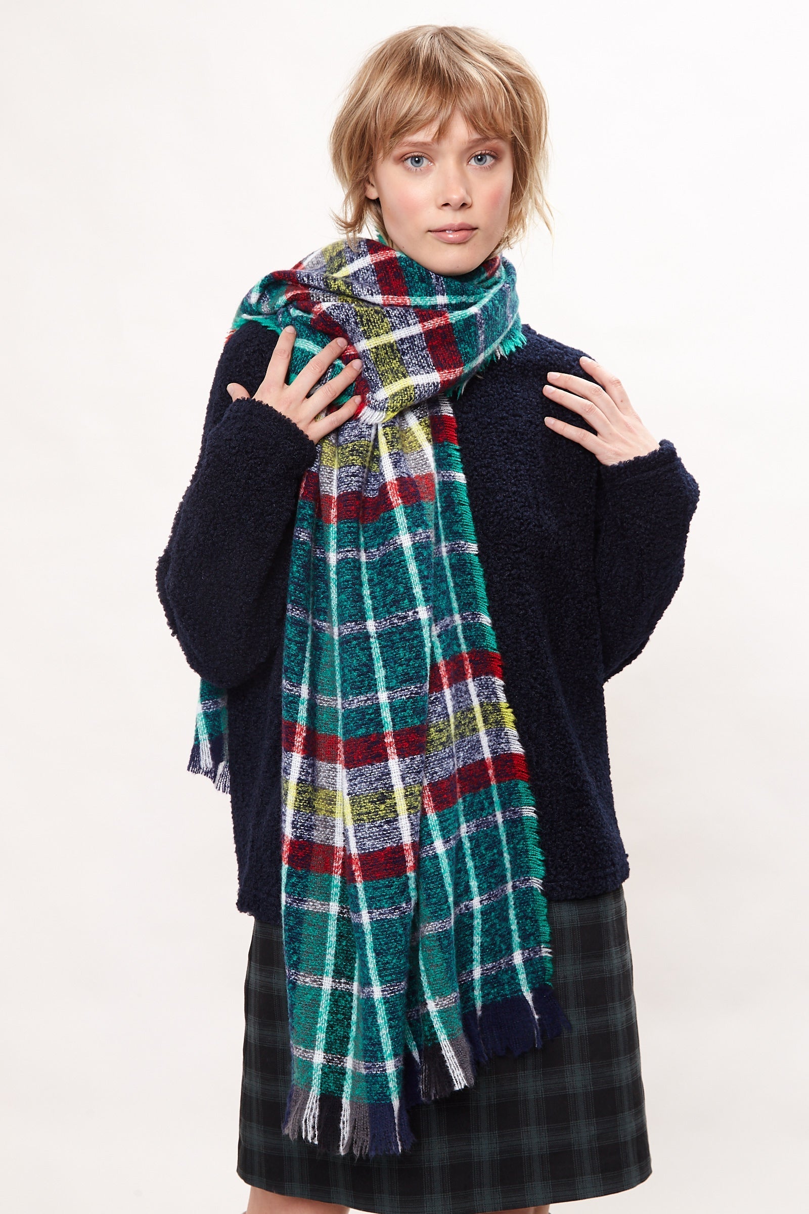 Louche Clodagh Warm Handle Checked Scarf With Fringed Edge - Green scarves Green Green