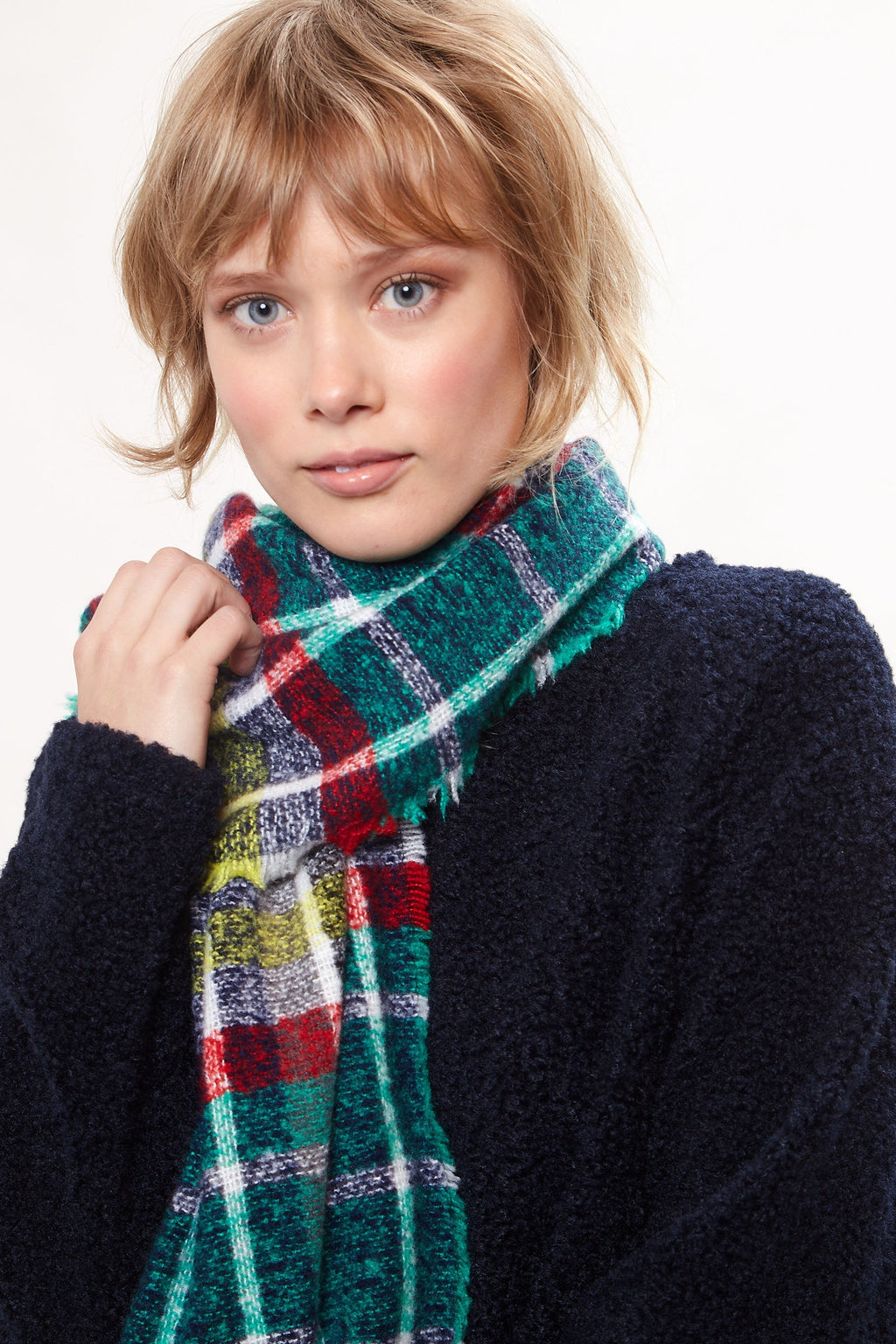 Louche Clodagh Warm Handle Checked Scarf With Fringed Edge - Green scarves Green Green