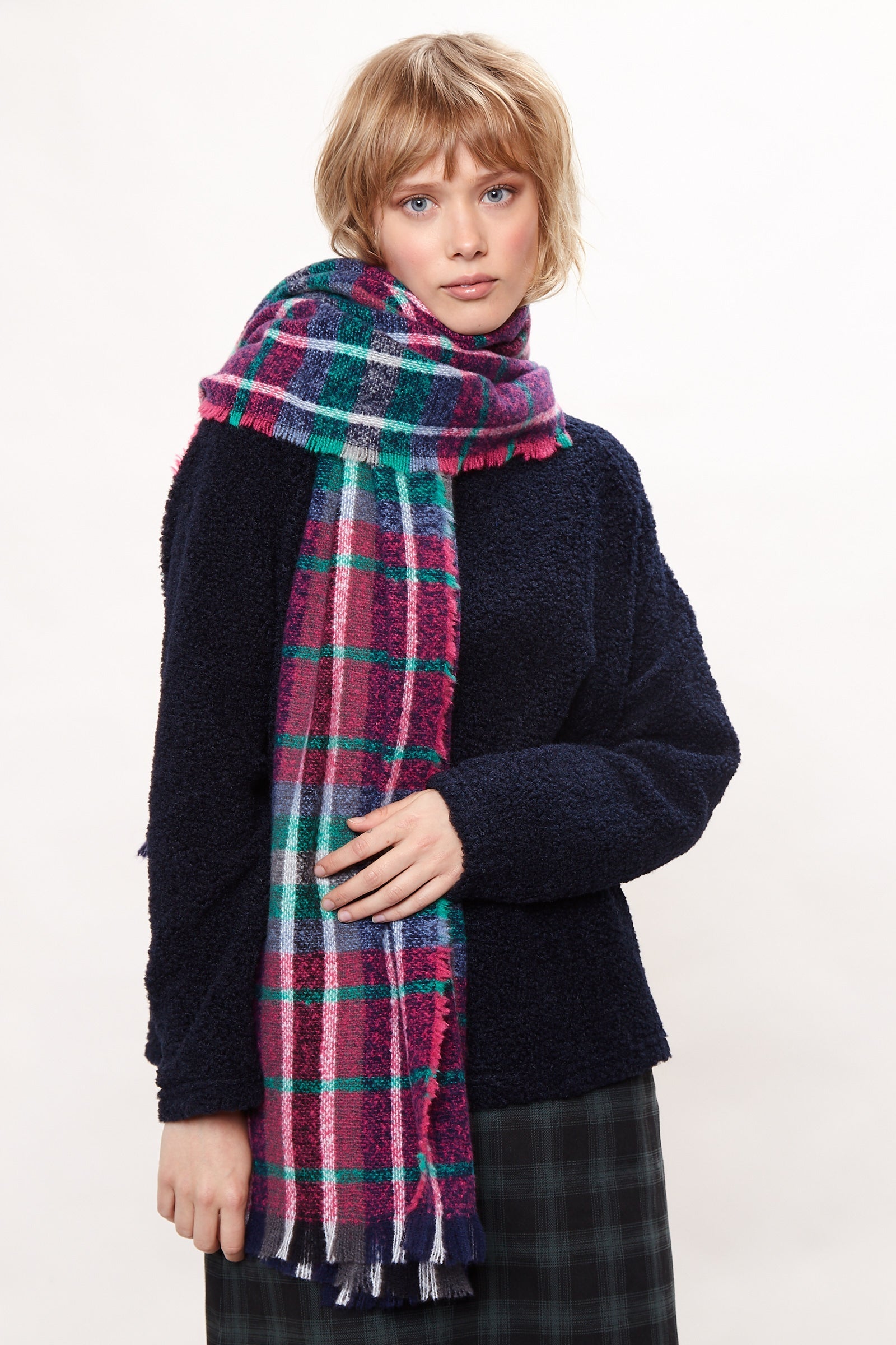 Louche Clodagh Warm Handle Checked Scarf With Fringed Edge - Navy scarves Navy Navy