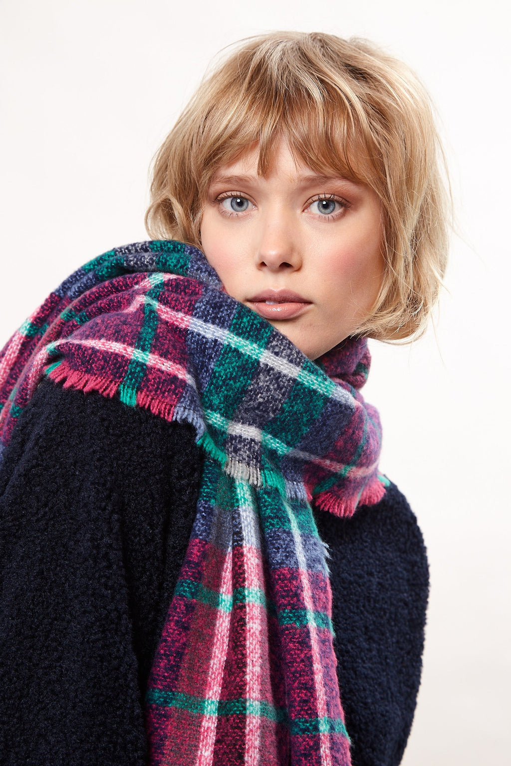 Louche Clodagh Warm Handle Checked Scarf With Fringed Edge - Navy scarves Navy Navy