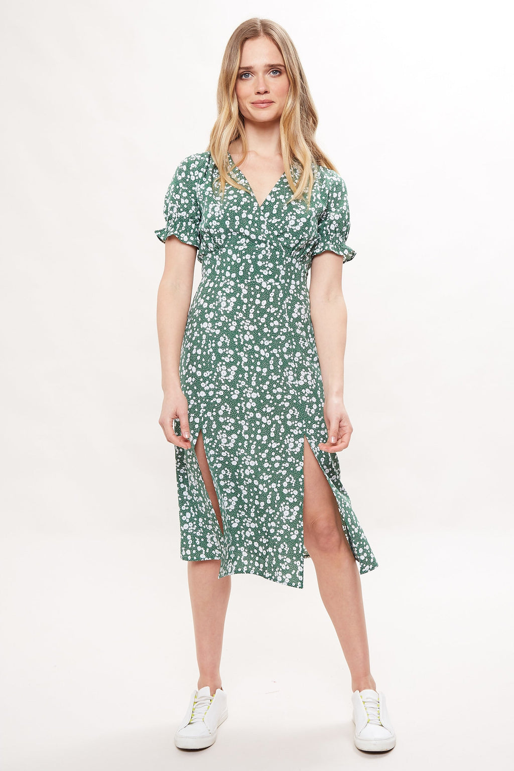 Corina Flower Dot Print Midi Tea Dress - Green Dresses 8 8 10 12 14 16
