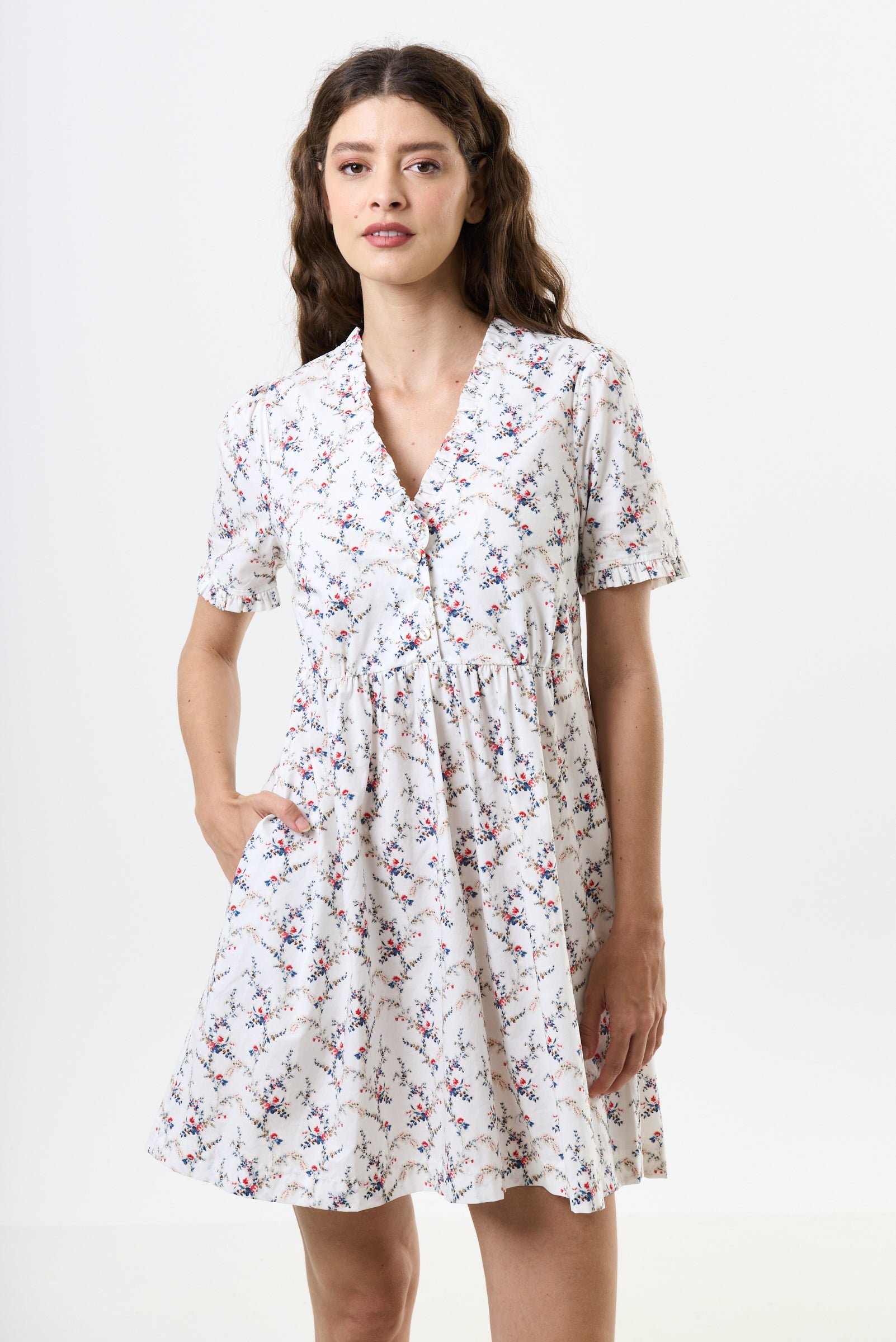 Cosima Regency Print Frill V-Neck Mini Dress Dresses 8 8 10 12 14 16