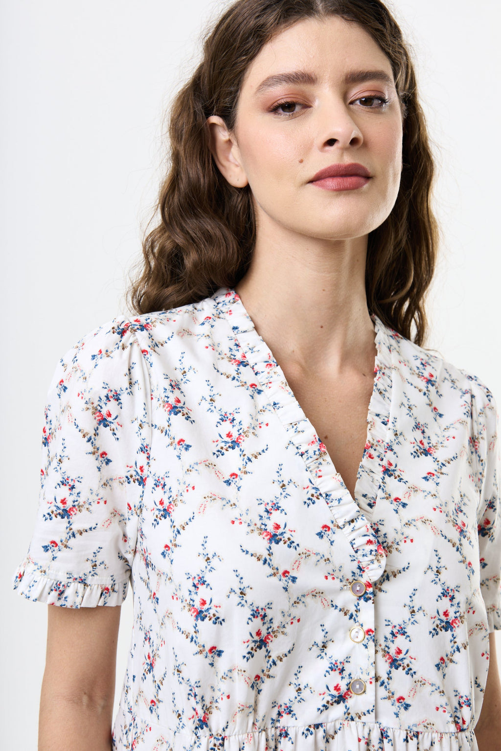 Cosima Regency Print Frill V-Neck Mini Dress Dresses 8 8 10 12 14 16