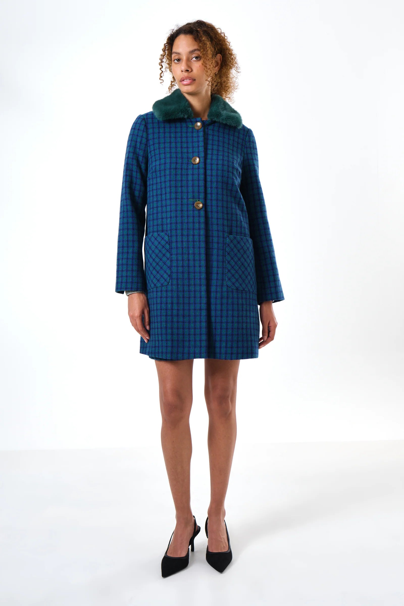 Dryden Wyoming Check Faux Fur Collar Coat - Blue Coats 8 8 10 12 14 16