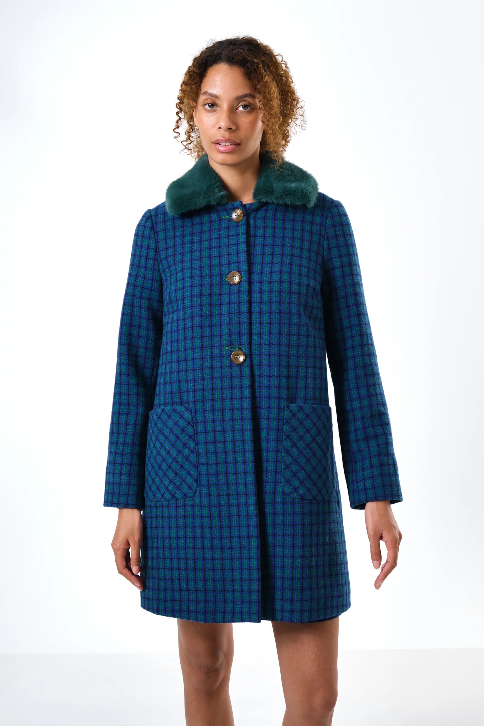 Dryden Wyoming Check Faux Fur Collar Coat - Blue Coats 8 8 10 12 14 16