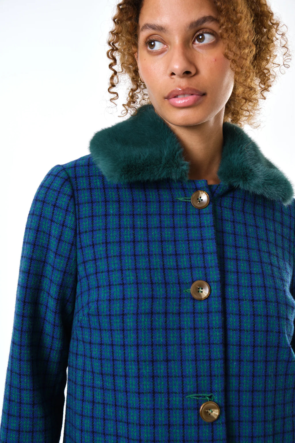 Dryden Wyoming Check Faux Fur Collar Coat - Blue Coats 8 8 10 12 14 16