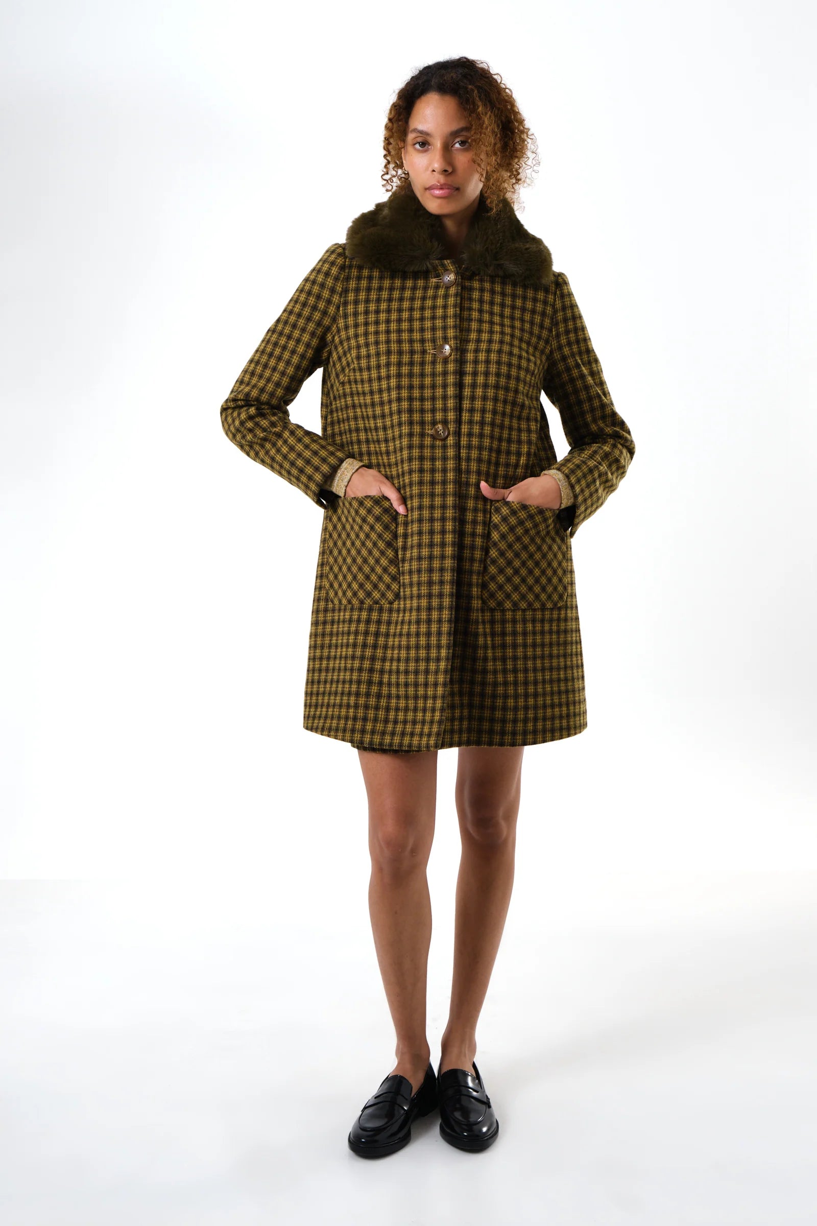 Dryden Wyoming Check Faux Fur Collar Coat - Mustard Coats 8 8 10 12 14 16