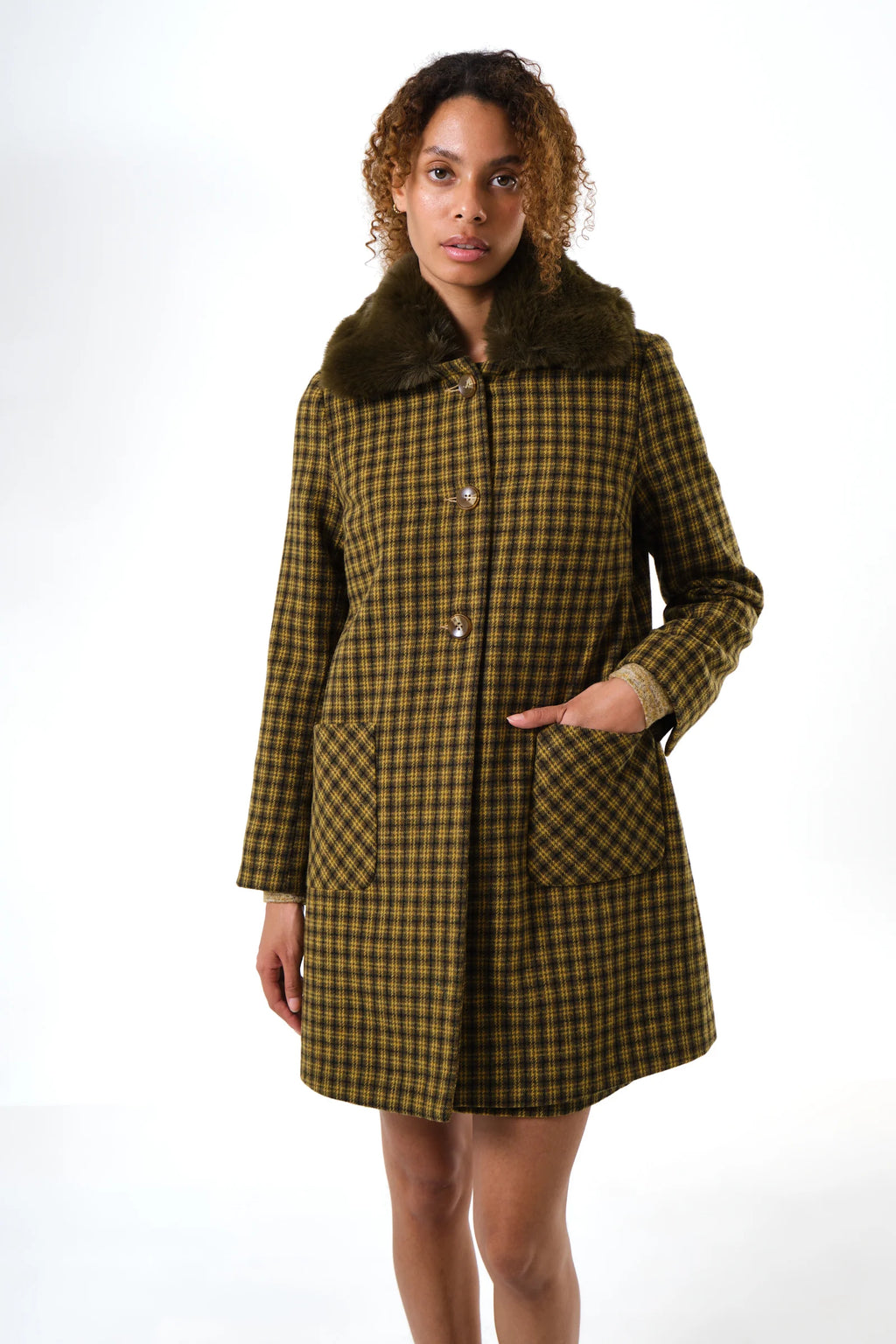 Dryden Wyoming Check Faux Fur Collar Coat - Mustard Coats 8 8 10 12 14 16