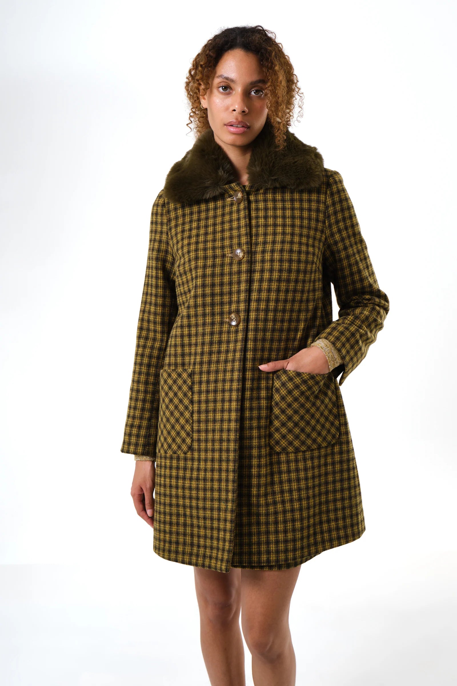 Dryden Wyoming Check Faux Fur Collar Coat - Mustard Coats 8 8 10 12 14 16