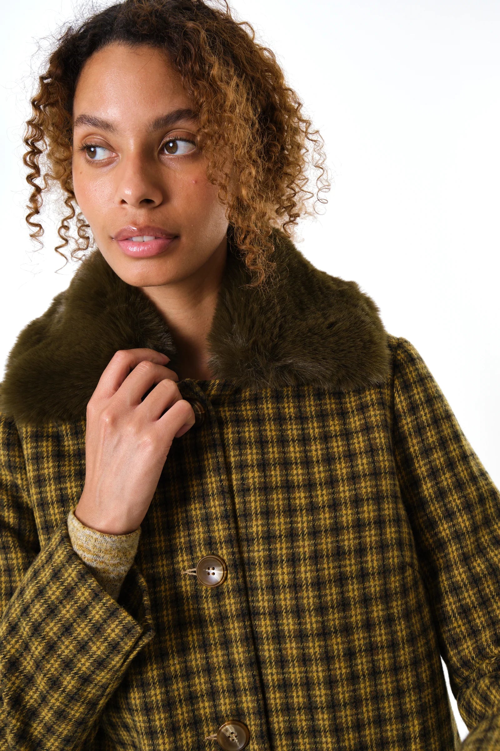 Dryden Wyoming Check Faux Fur Collar Coat - Mustard Coats 8 8 10 12 14 16