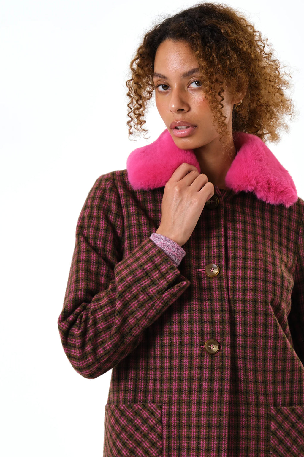 Dryden Wyoming Check Faux Fur Collar Coat - Pink Coats 8 8 10 12 14 16