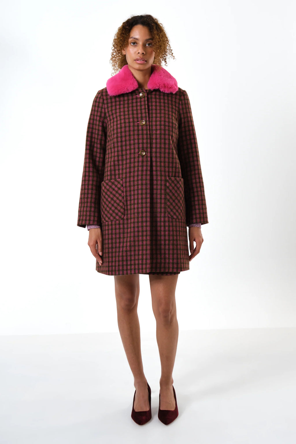 Dryden Wyoming Check Faux Fur Collar Coat - Pink Coats 8 8 10 12 14 16