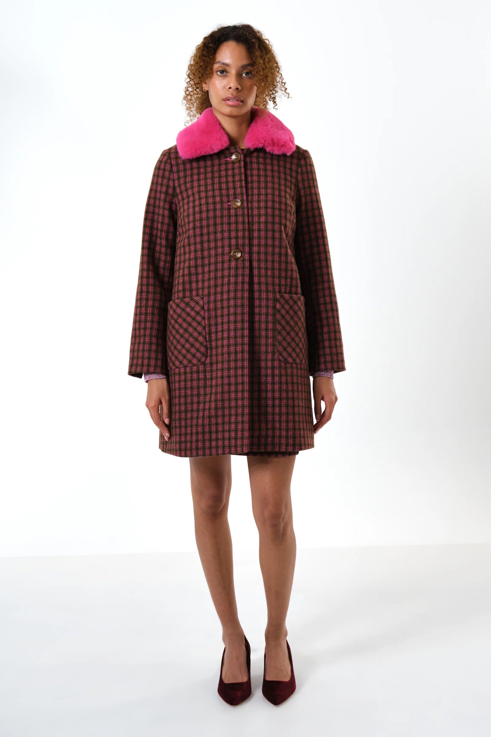 Dryden Wyoming Check Faux Fur Collar Coat - Pink Coats 8 8 10 12 14 16