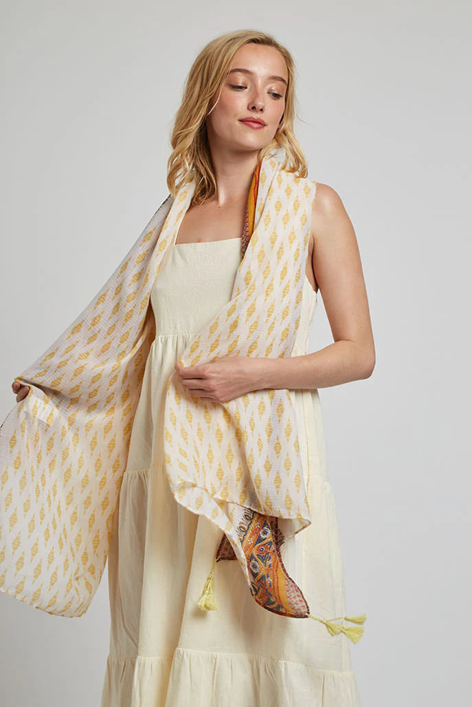 Hadlet Mustard Border Boho Scarf scarves Ecru/Mustard Ecru/Mustard