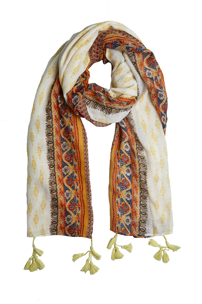 Hadlet Mustard Border Boho Scarf scarves Ecru/Mustard Ecru/Mustard