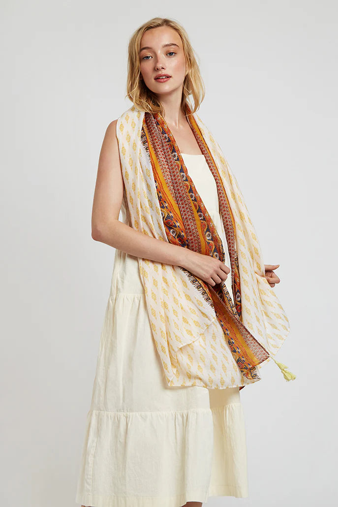 Hadlet Mustard Border Boho Scarf scarves Ecru/Mustard Ecru/Mustard
