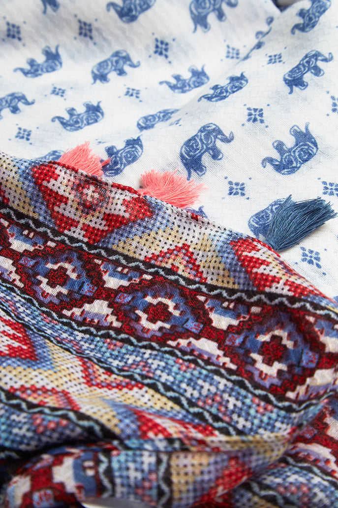 Hondo Elephant Print Tassel Scarf scarves Multi Colour Multi Colour