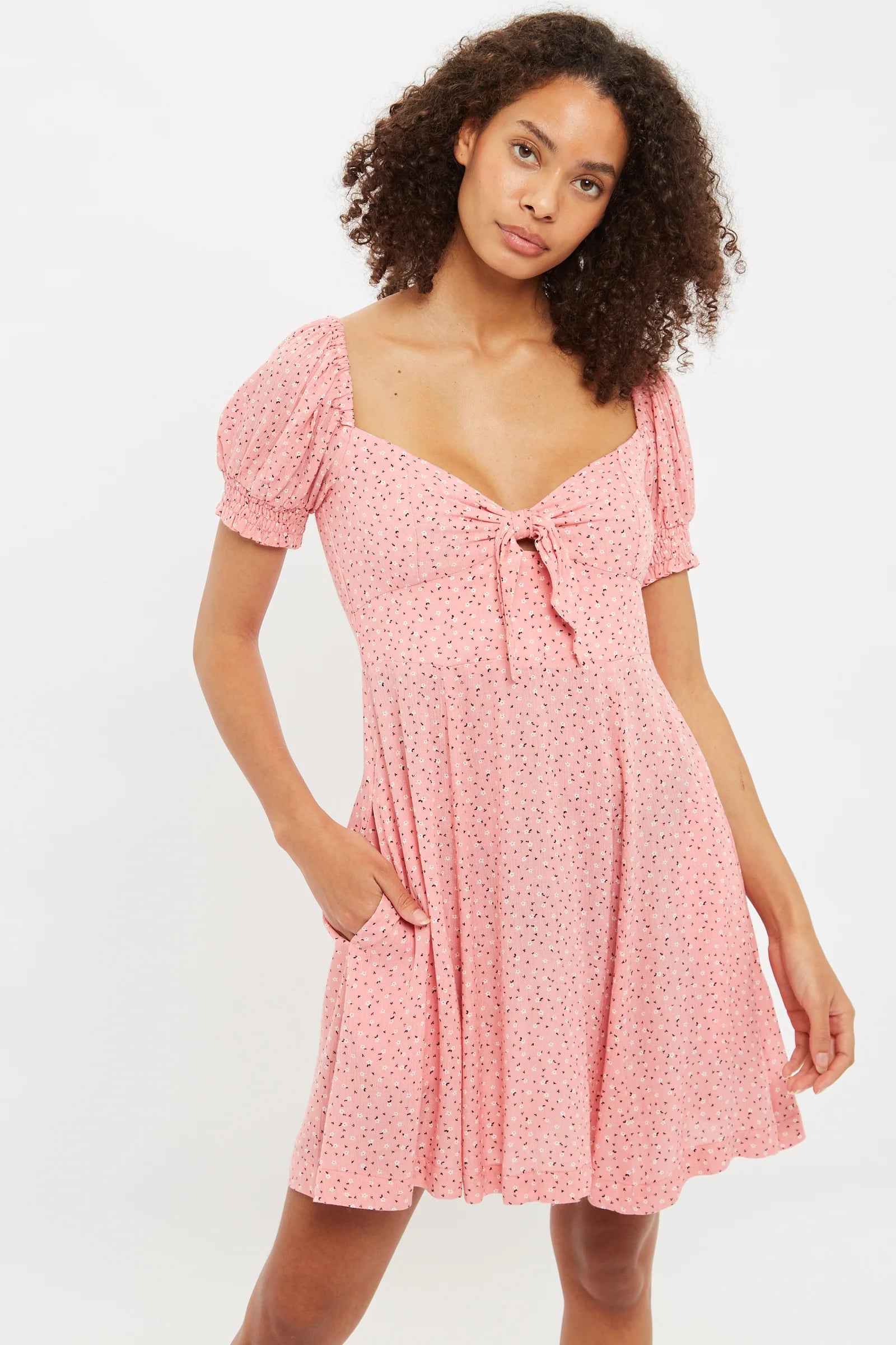 Luiza Teeny Flower Bud Tie Front Short Sleeve Tea Dress Dresses 8 Pink 8 / Pink 10 / Pink 12 / Pink 14 / Pink 16 / Pink