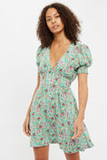 Louche Merle Flower Show Print V Neck Short Sleeve Tea Dress Green Dresses 8 Green 8 / Green 10 / Green 12 / Green 14 / Green 16 / Green