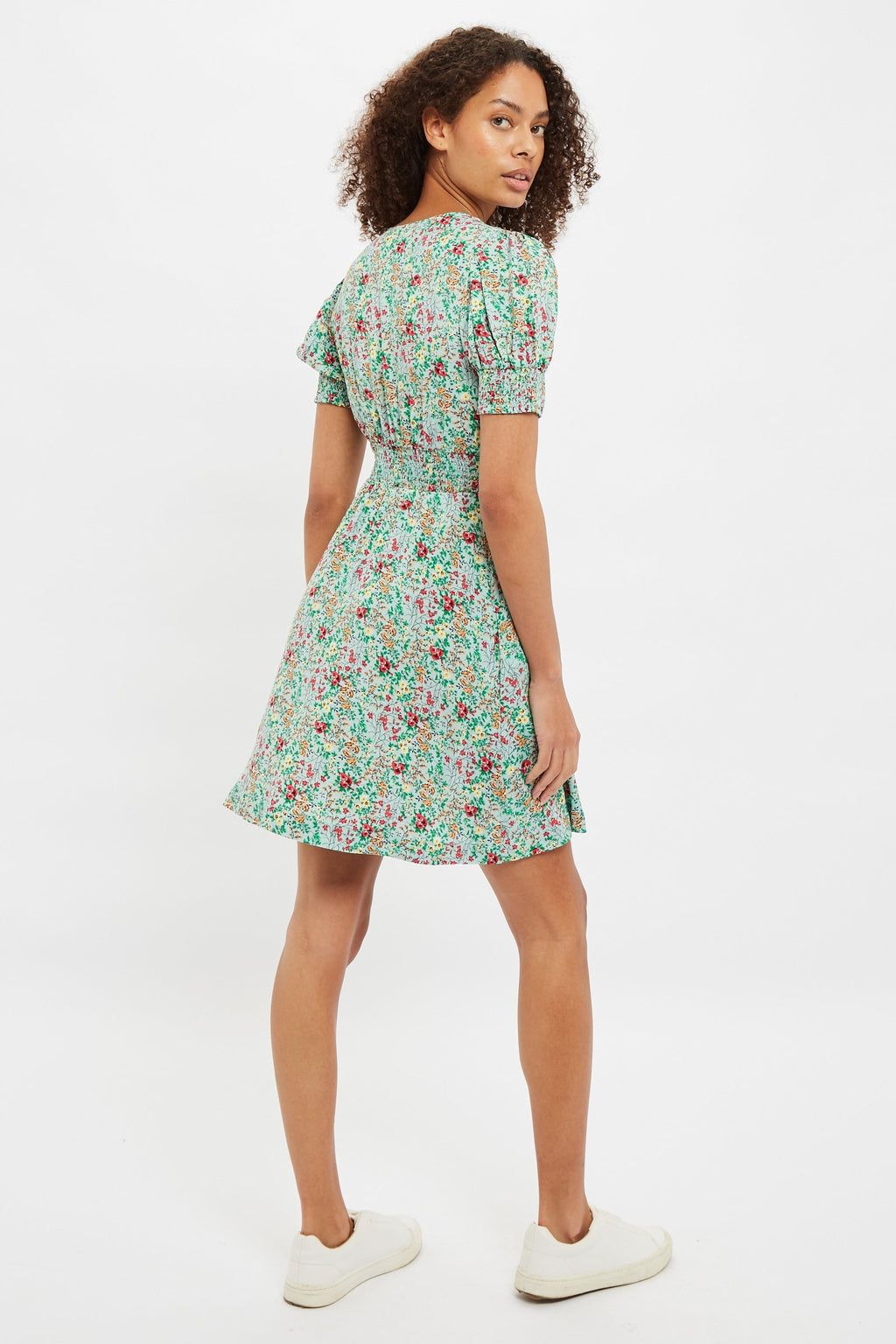 Louche Merle Flower Show Print V Neck Short Sleeve Tea Dress Green Dresses 8 Green 8 / Green 10 / Green 12 / Green 14 / Green 16 / Green