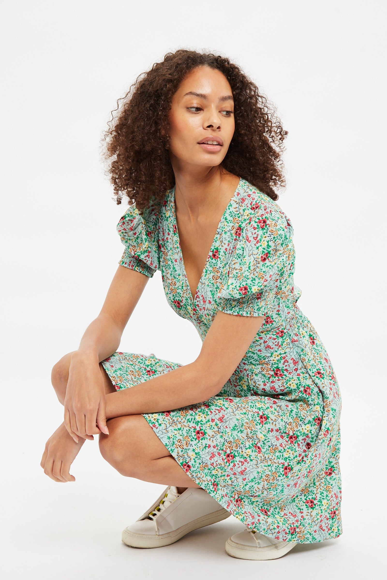Louche Merle Flower Show Print V Neck Short Sleeve Tea Dress Green Dresses 8 Green 8 / Green 10 / Green 12 / Green 14 / Green 16 / Green