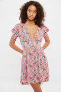 Louche Merle Flower Show Print V Neck Short Sleeve Tea Dress Pink Dresses 8 Pink 8 / Pink 10 / Pink 12 / Pink 14 / Pink 16 / Pink