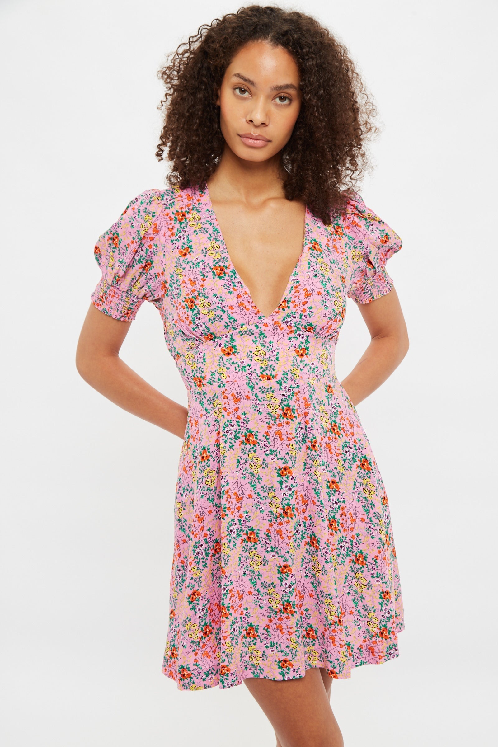 Louche Merle Flower Show Print V Neck Short Sleeve Tea Dress Pink Dresses 8 Pink 8 / Pink 10 / Pink 12 / Pink 14 / Pink 16 / Pink