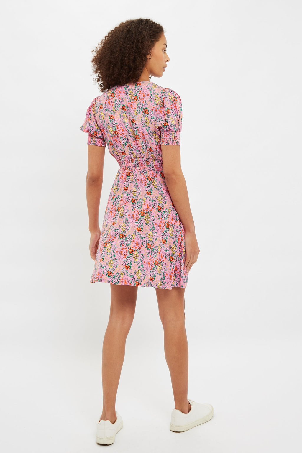 Louche Merle Flower Show Print V Neck Short Sleeve Tea Dress Pink Dresses 8 Pink 8 / Pink 10 / Pink 12 / Pink 14 / Pink 16 / Pink
