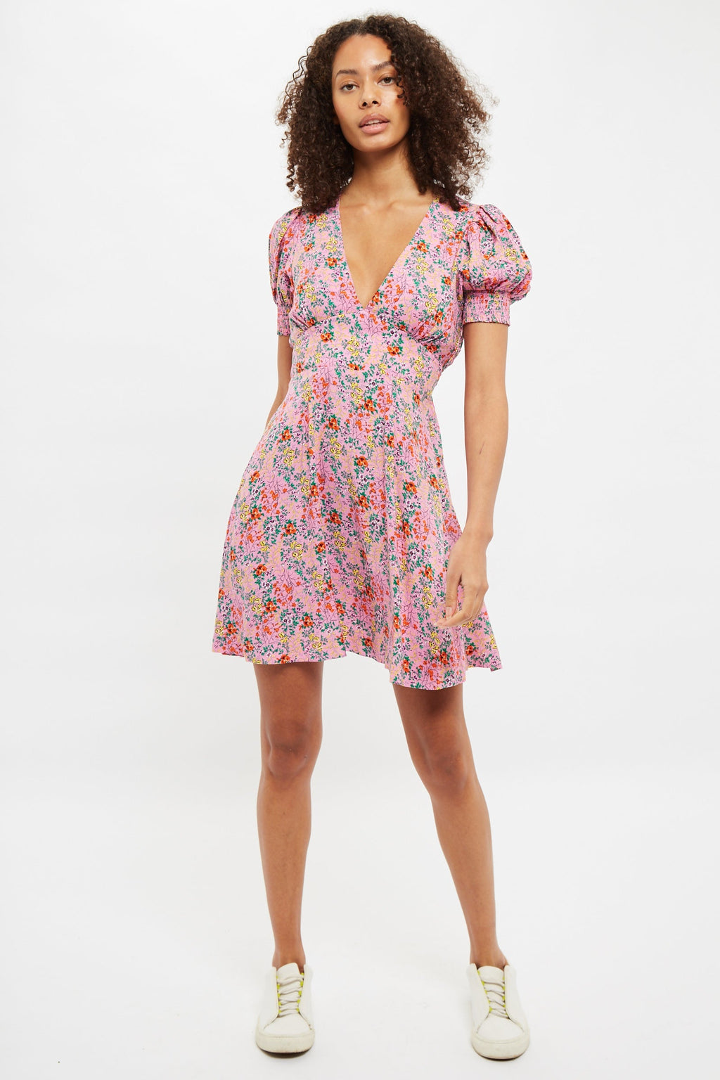 Louche Merle Flower Show Print V Neck Short Sleeve Tea Dress Pink Dresses 8 Pink 8 / Pink 10 / Pink 12 / Pink 14 / Pink 16 / Pink