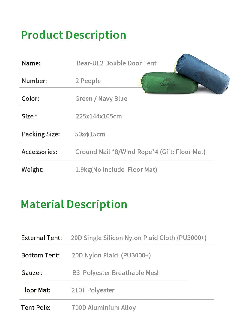 Naturehike Bear-UL2 2 Man Tent (Green) 20D Default Title Default Title