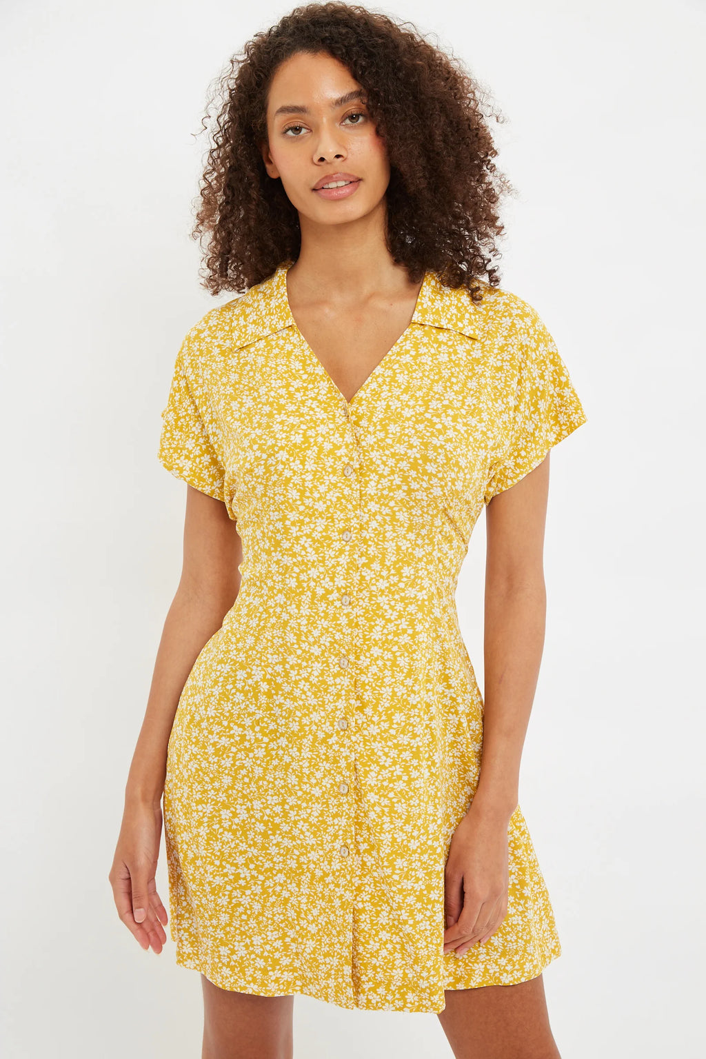 Prudence Micro Blossom Print Short Sleeve Laced Back Mini Dress In Yellow Dresses 8 Yellow 8 / Yellow 10 / Yellow 12 / Yellow 14 / Yellow 16 / Yellow