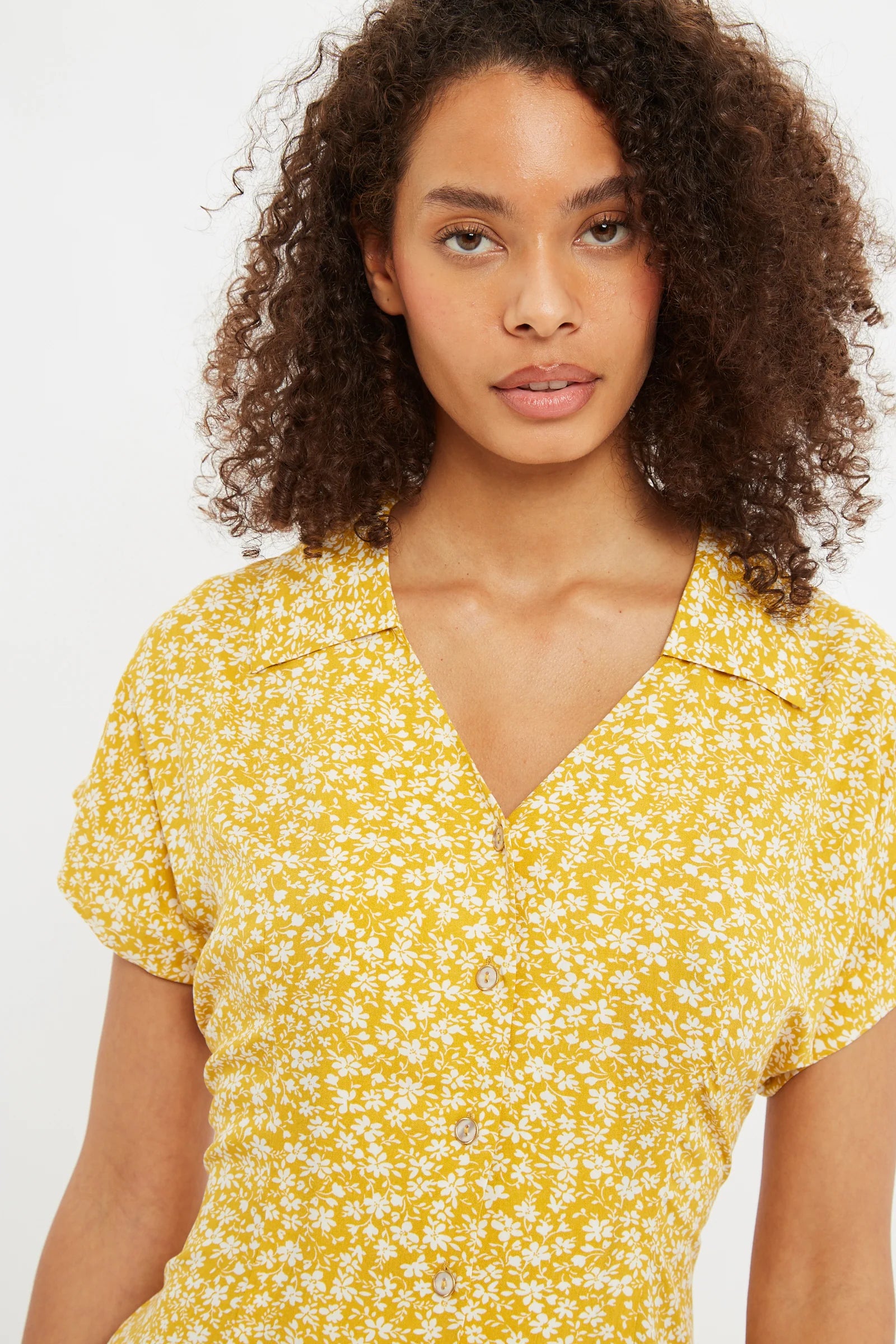 Prudence Micro Blossom Print Short Sleeve Laced Back Mini Dress In Yellow Dresses 8 Yellow 8 / Yellow 10 / Yellow 12 / Yellow 14 / Yellow 16 / Yellow