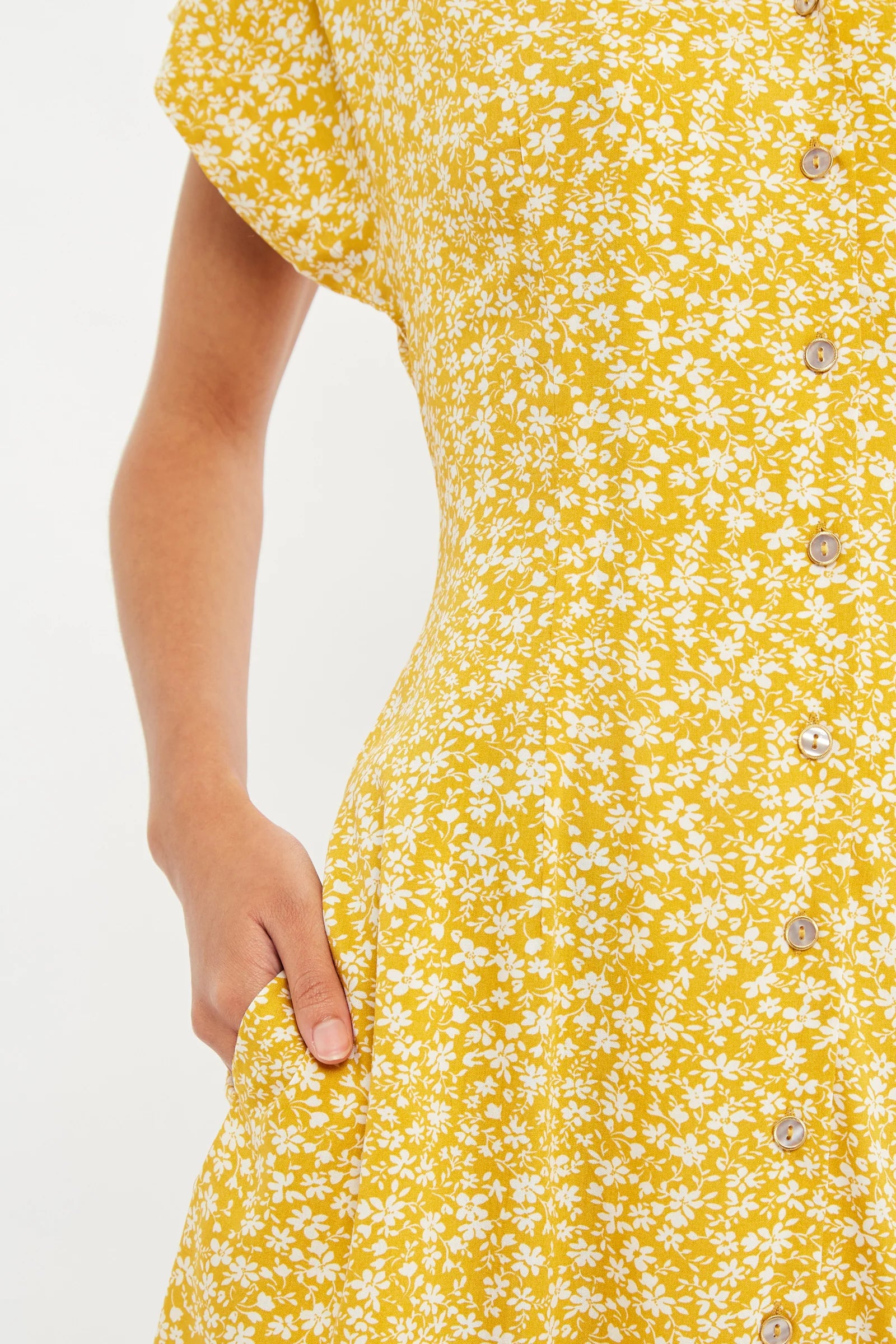 Prudence Micro Blossom Print Short Sleeve Laced Back Mini Dress In Yellow Dresses 8 Yellow 8 / Yellow 10 / Yellow 12 / Yellow 14 / Yellow 16 / Yellow
