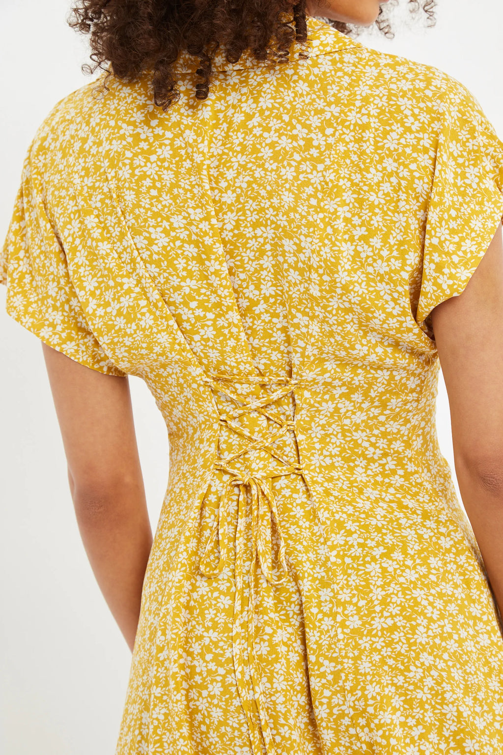 Prudence Micro Blossom Print Short Sleeve Laced Back Mini Dress In Yellow Dresses 8 Yellow 8 / Yellow 10 / Yellow 12 / Yellow 14 / Yellow 16 / Yellow