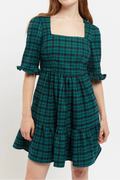 Sassa Winter Gingham Tiered Mini Dress in Green and Black Dresses 8 8 10 12 14 16
