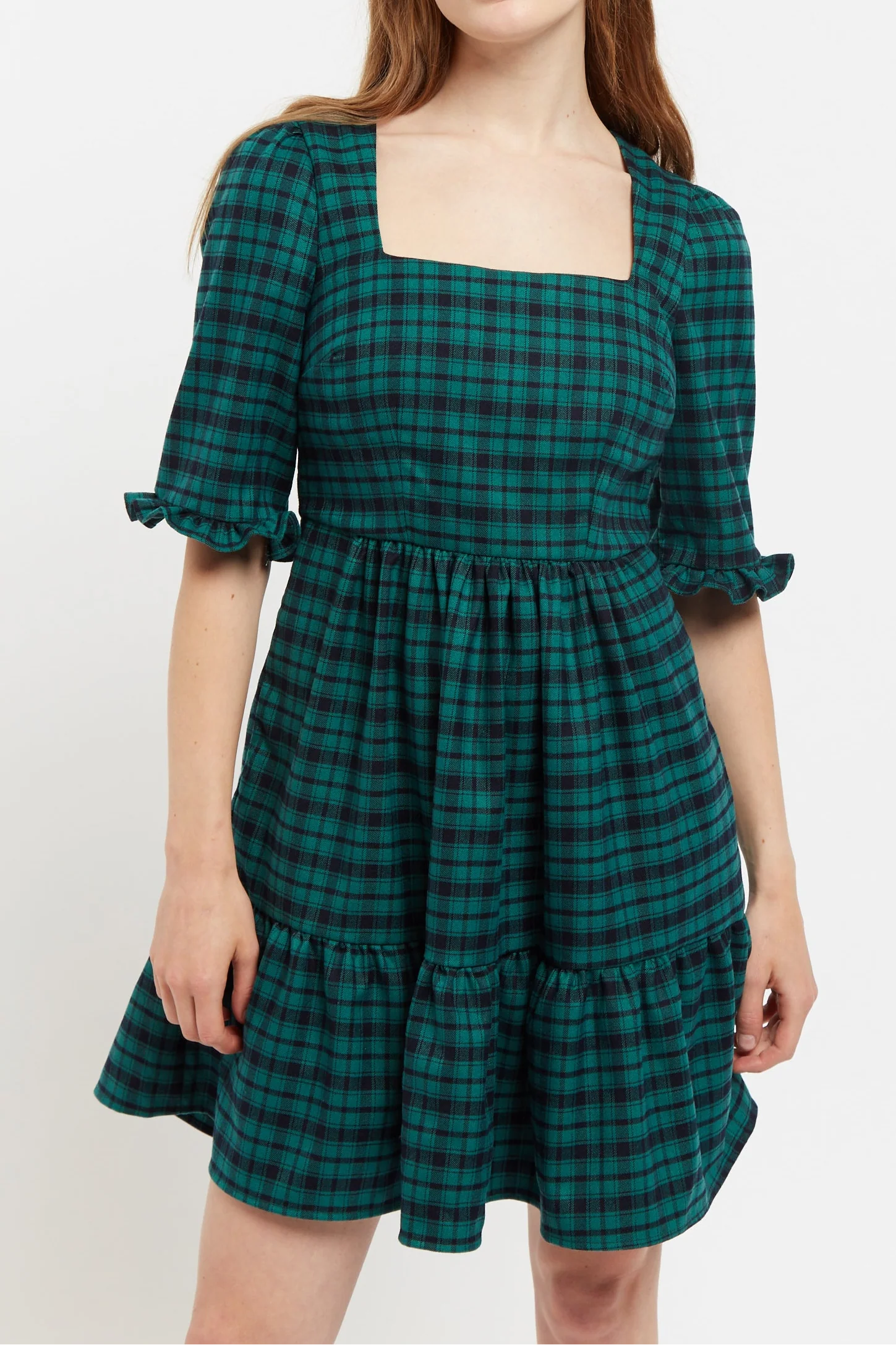 Sassa Winter Gingham Tiered Mini Dress in Green and Black Dresses 8 8 10 12 14 16