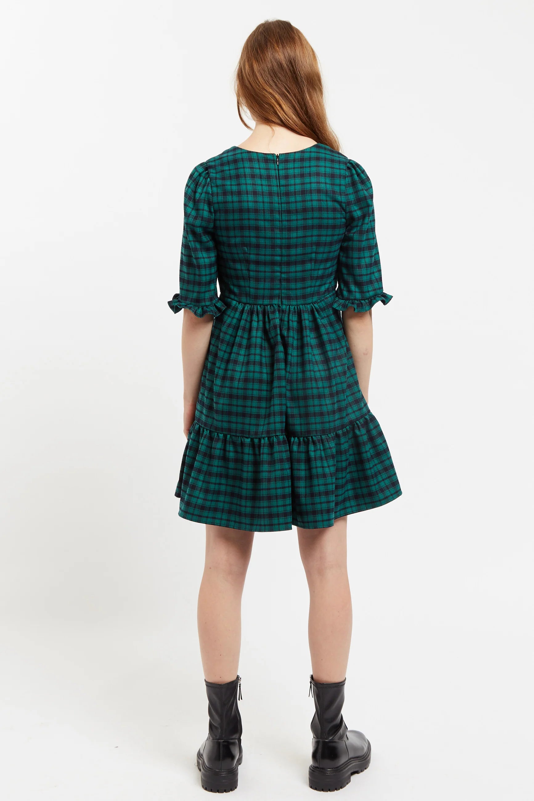 Sassa Winter Gingham Tiered Mini Dress in Green and Black Dresses 8 8 10 12 14 16